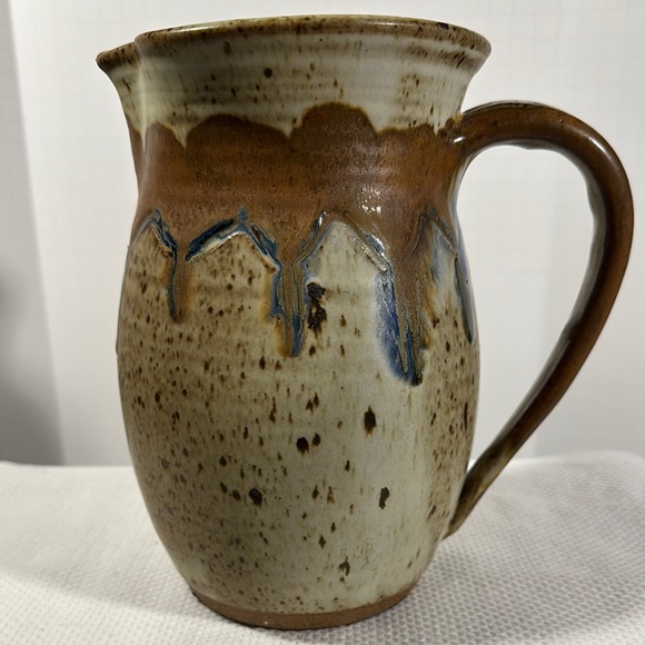 Rustic Brown & Beige Ceramic Pitcher Studio Pottery Hand Thrown Boho Decor - Picture 1 of 15